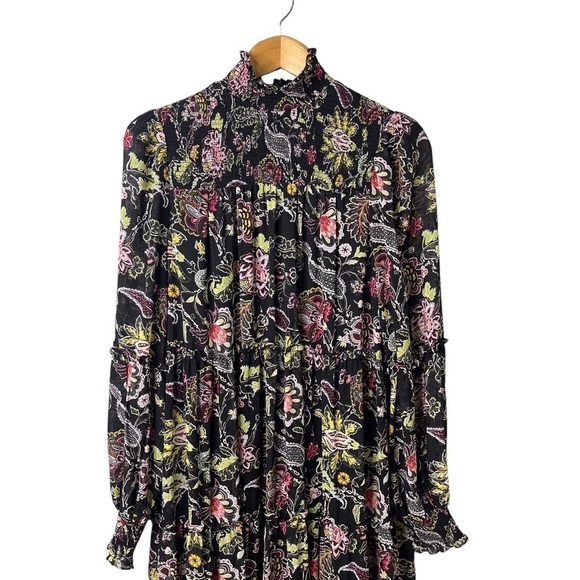 cinq a sept Paisley Long Sleeve Dress Black Size 6 High Low Hem Mock Neck - Picture 3 of 10